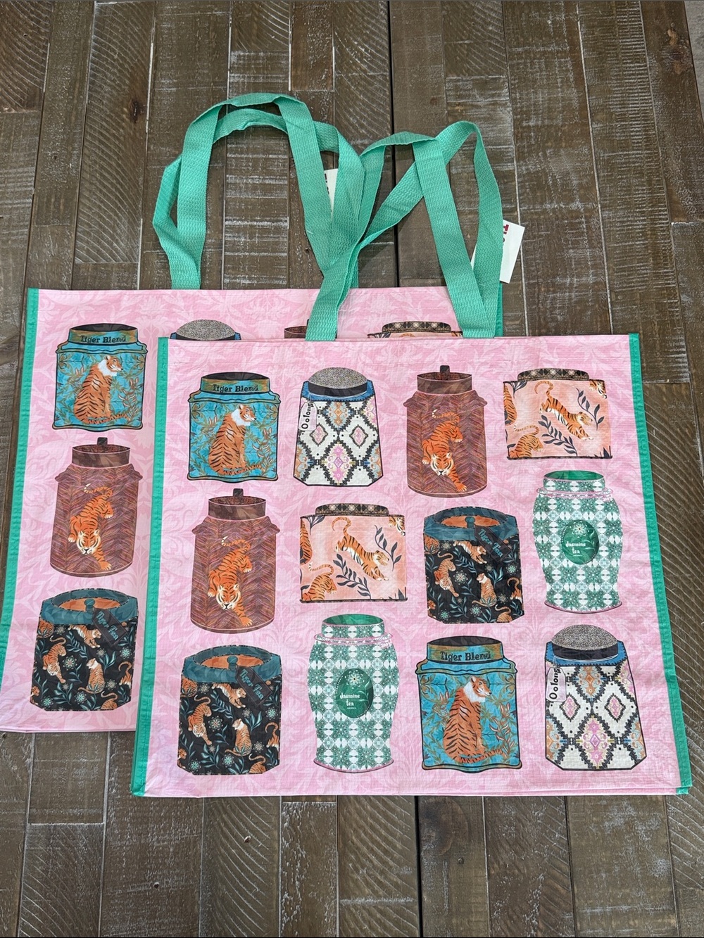 T.J.Maxx Pink Tote Bag with Teal Handles and Multicolor Jar Print